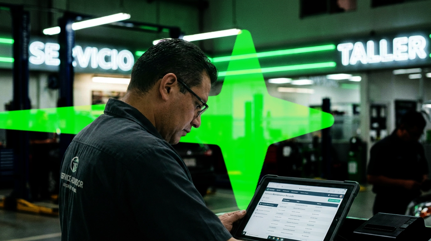 Asesor de servicio revisando el historial de un vehículo en un taller automotriz